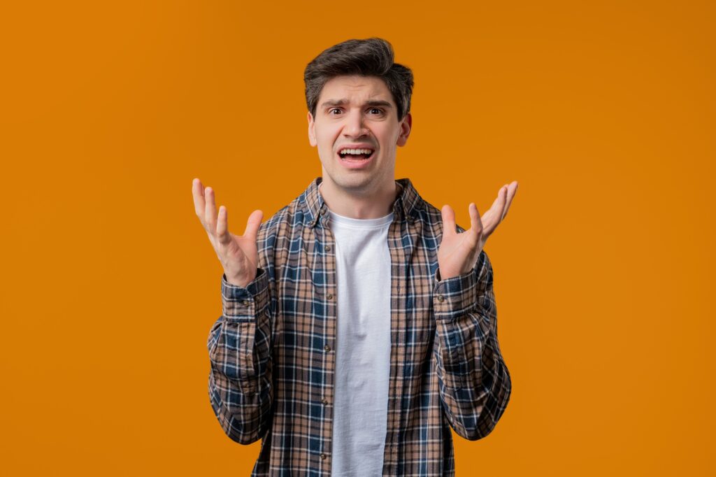 Angry man Asking What Are You Crazy, Mad. Quarreling, Showing Question Gesture