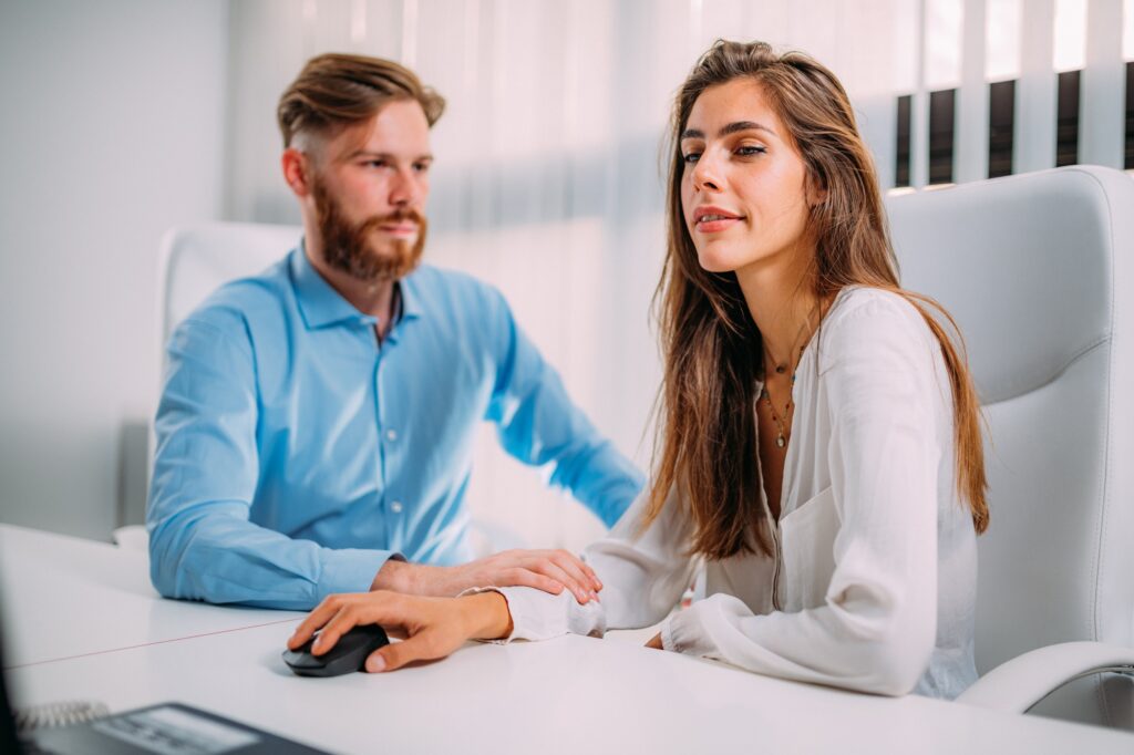Love Relationship at Work. Office Colleagues Having a Romantic Affair