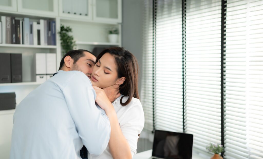 Young asian business couple having sex in the office, Concept of sexual relations at work.